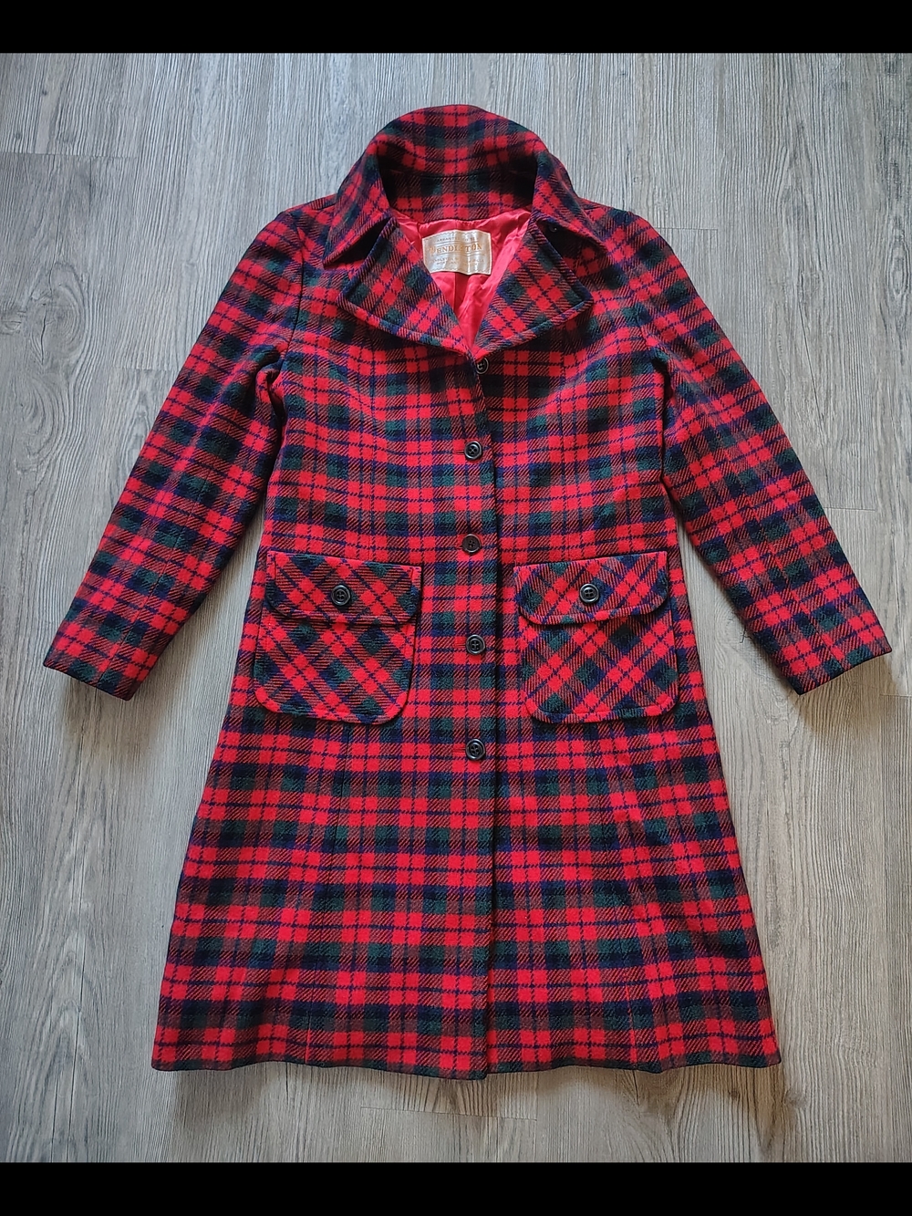 VTG Pendleton Women's Red Tartan Plaid Pure Virgin Wool Midi Pea Coat Sz 6/8 USA - Picture 3 of 12